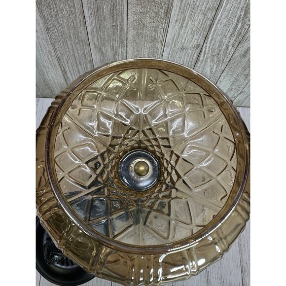 Vtg Decorative Brown Amber Swirl Glass Bowl W/Metal Pedestal & Lid 12.5" Tall - Picture 7 of 14